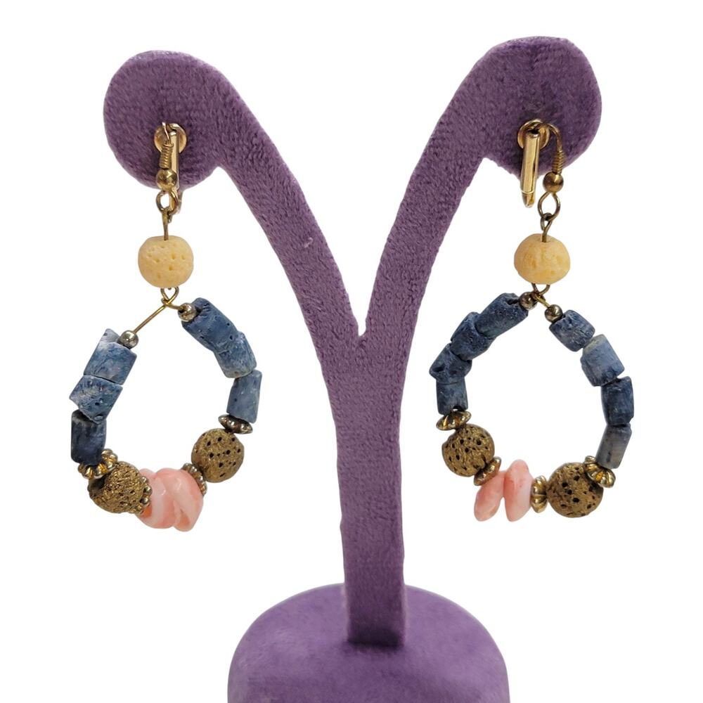 Vintage Blue Pink Coral Bead Dangle Hoop Clip On Earrings Boho Non Pierced